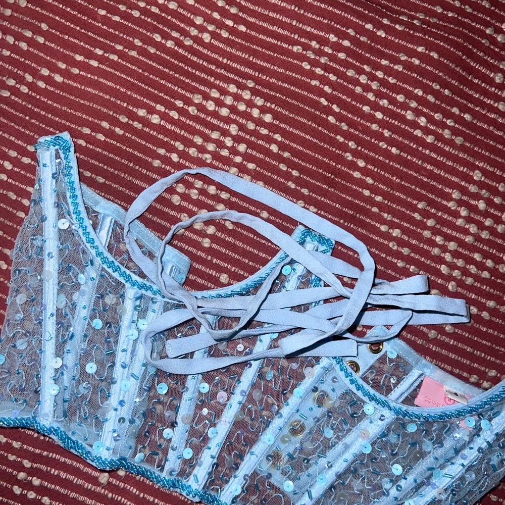 Small Blue Mesh Rhinestone Underbust Corset - Picture 2 of 7